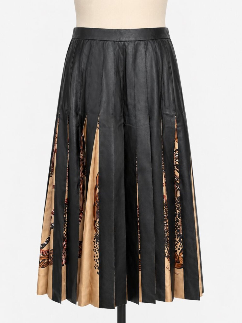 NWT Salvatore Ferragamo Leather & Silk Pleated Printed Skirt Size 4/6 Made Italy